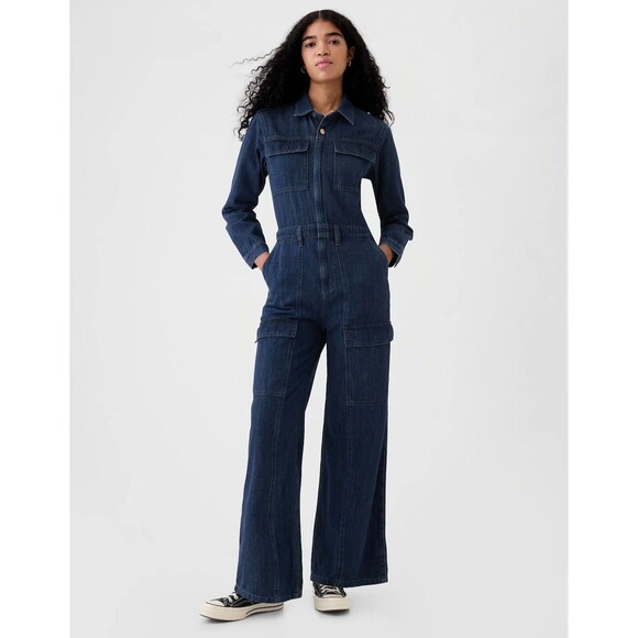 New Gap Jumpsuit Denim Cargo Wide Leg Size 10 Dark Blue Long Sleeve Full Zip NWT - Picture 1 of 16
